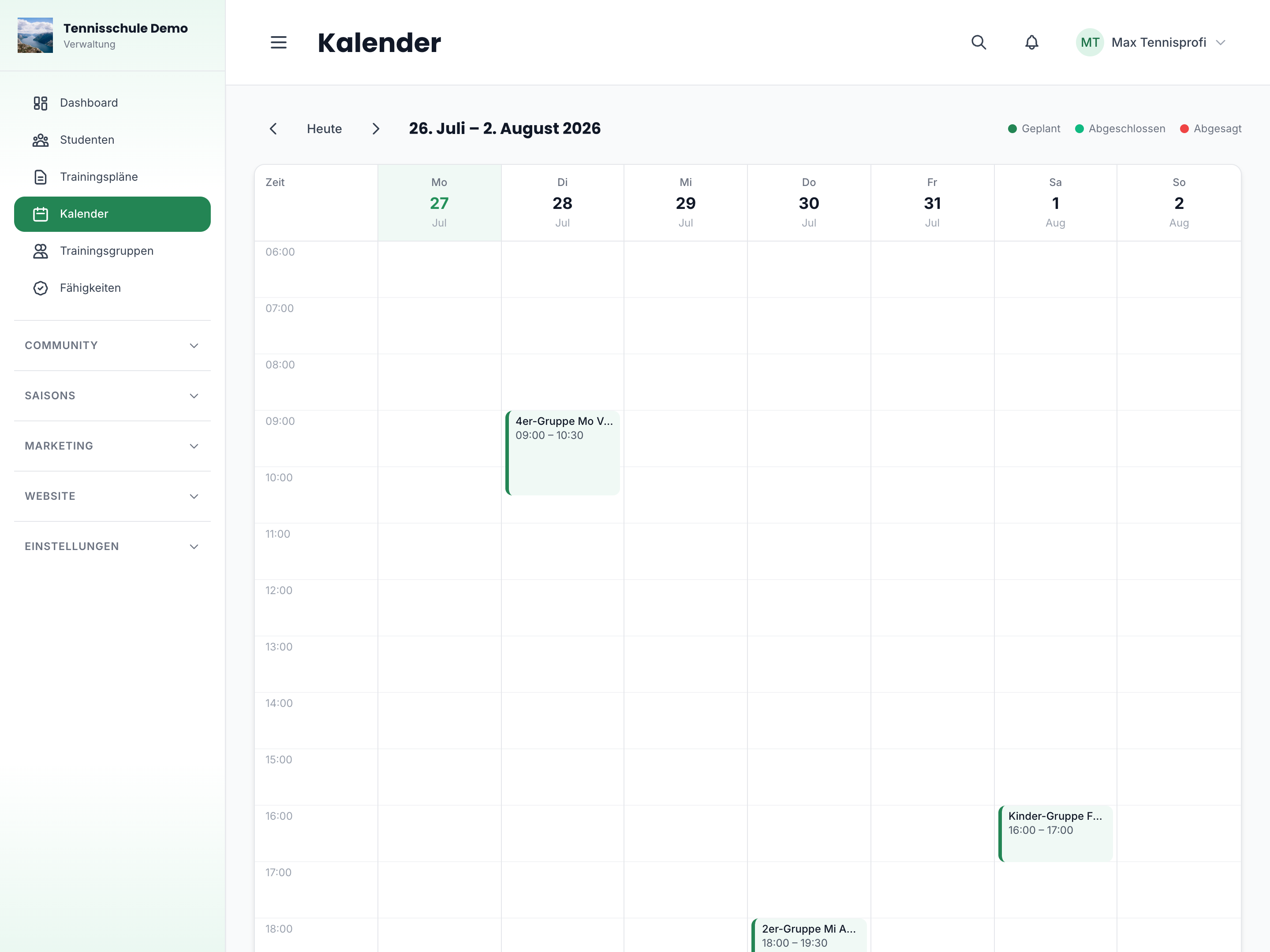 Trainingskalender, Wochenansicht