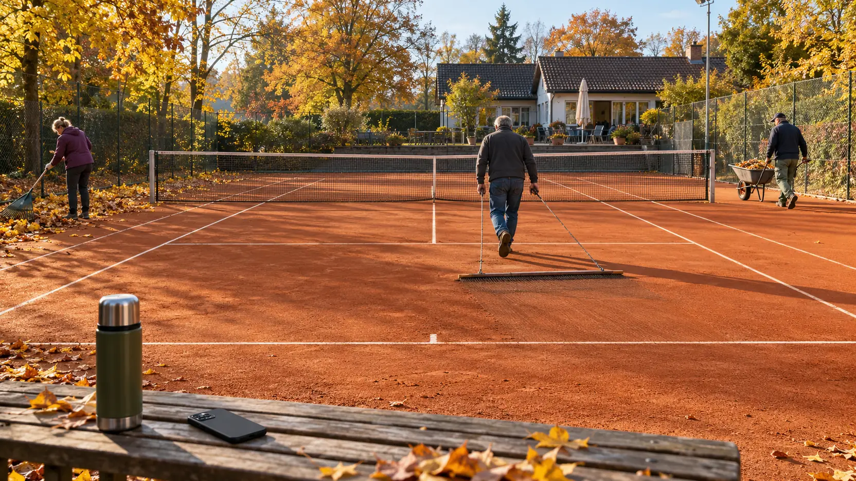 Arbeitseinsatz auf einem Sandplatz an einem sonnigen Herbstmorgen: Ein Mitglied zieht den Platz ab, ein zweites recht Laub, ein drittes schiebt eine Schubkarre, im Vordergrund liegen Thermoskanne und Smartphone auf einer Holzbank, dahinter das Clubhaus